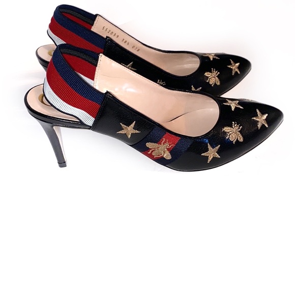 Gucci Shoes - Gucci Web Bee Star Embroidered Sylvie Mid Heel Slingback Pumps Size 38.5